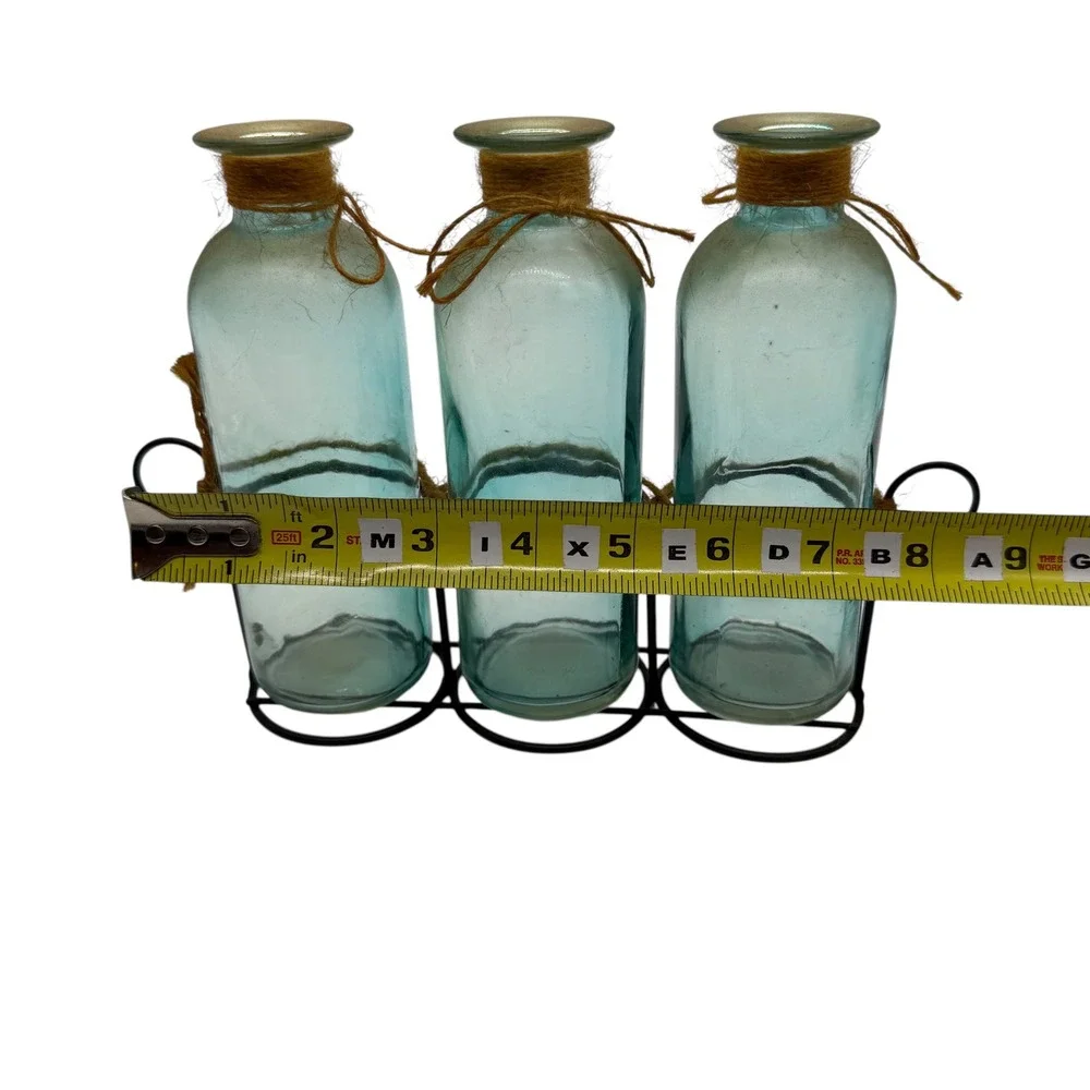 Unbranded Blue Glass Bottle Set 3 Piece with Metal‎ Rack Farmhouse Decor